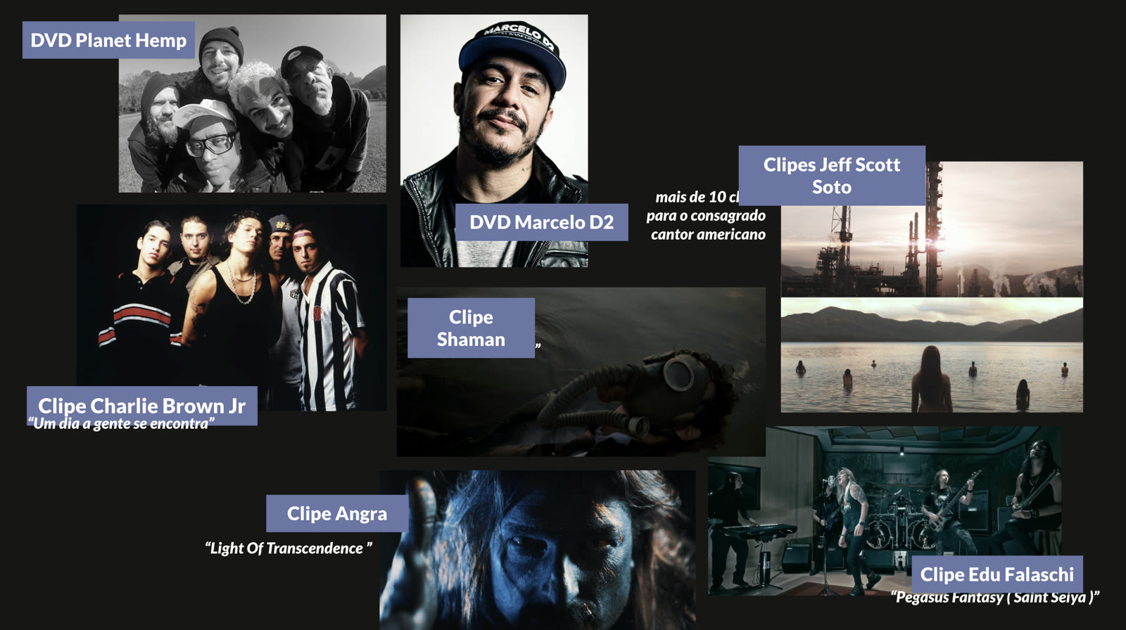 DVDs e videoclipes assinados por Thiago Kiss: Planet Hemp, Marcelo D2, Charlie Brown Jr, Shaman, Angra, Jeff Scott Soto e Edu Falaschi